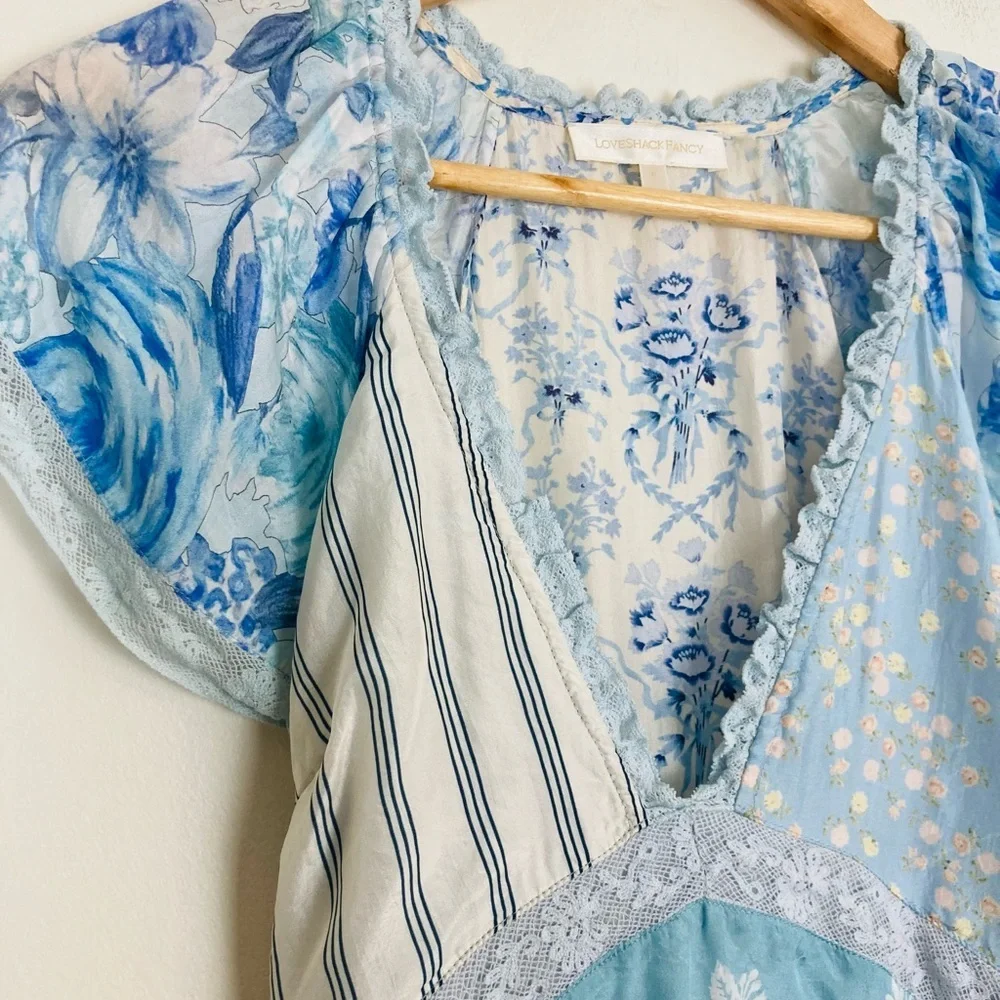 LoveShackFancy Tula silk patchwork midi dress with puff sleeve, lace trim. Sz 0 - Picture 5 of 9